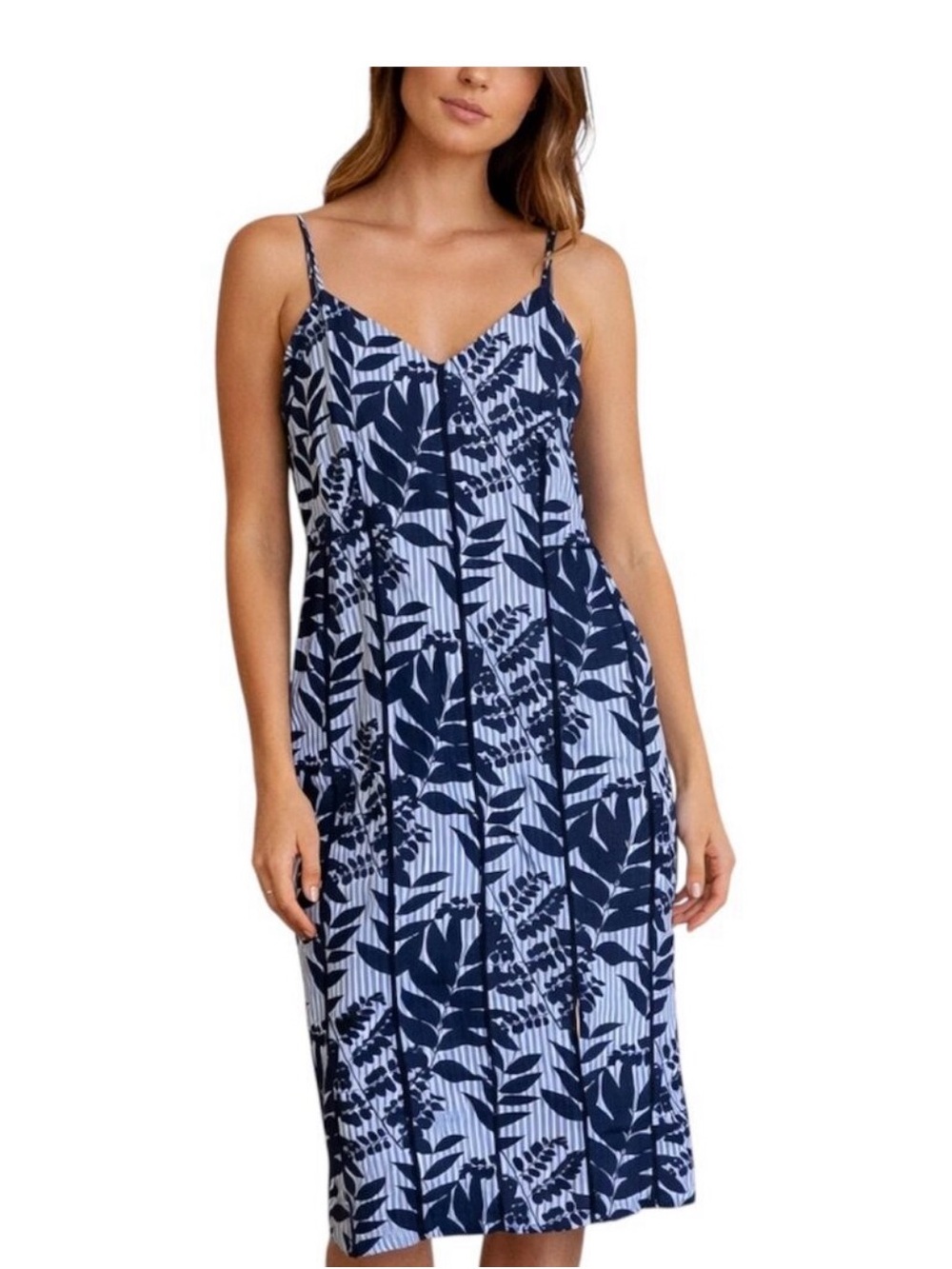 Banana Republic Navy and White Leaf-Print Spaghetti Strap Dress
